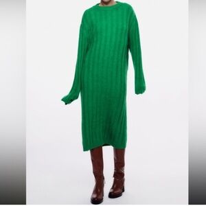 Zara Knit Ribbed Oversized Cozy Sweater Dress - Vibrant Green - Size Small